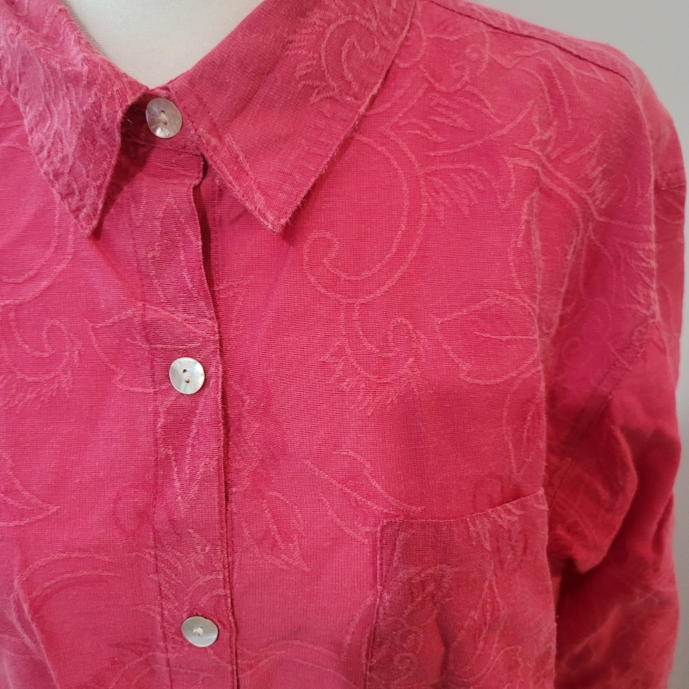 Chicos Linen And Cotton Blend Pink Whimsical Floral Button Up | Large - Picture 2 of 6